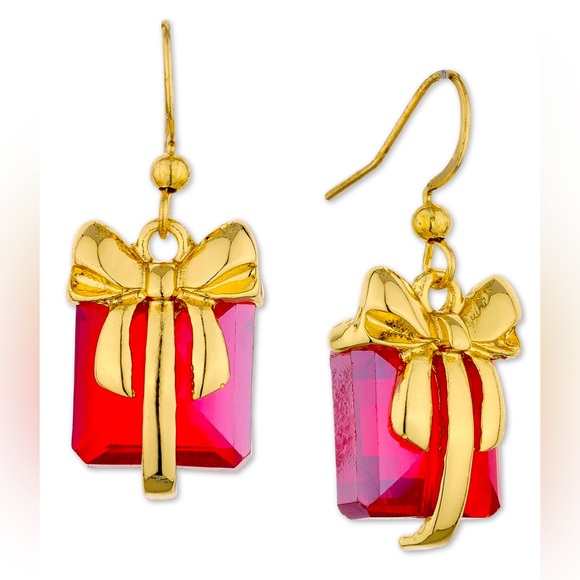 Gold-Tone Stone Wrapped Present Drop Earring Red New - Picture 2 of 2